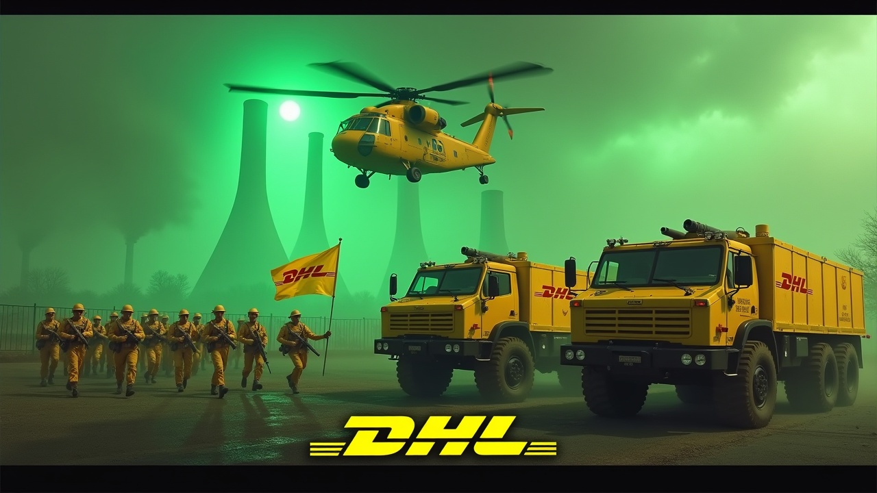 This image portrays a dramatic scene focusing on several yellow armored trucks marked with the DHL logo. The trucks are equipped with double-barrel roof-mounted cannons as they approach a fence. Nearby, soldiers in yellow uniforms march in unison, one of them holding a large DHL flag. In the background, glowing green smokestacks of a nuclear power plant can be seen, adding a contrast to the intense atmosphere. Above, a Chinook CH-47 helicopter flies, enhancing the dramatic tension. The entire scene is cast in a vibrant green light, amplifying the mood of action and urgency.