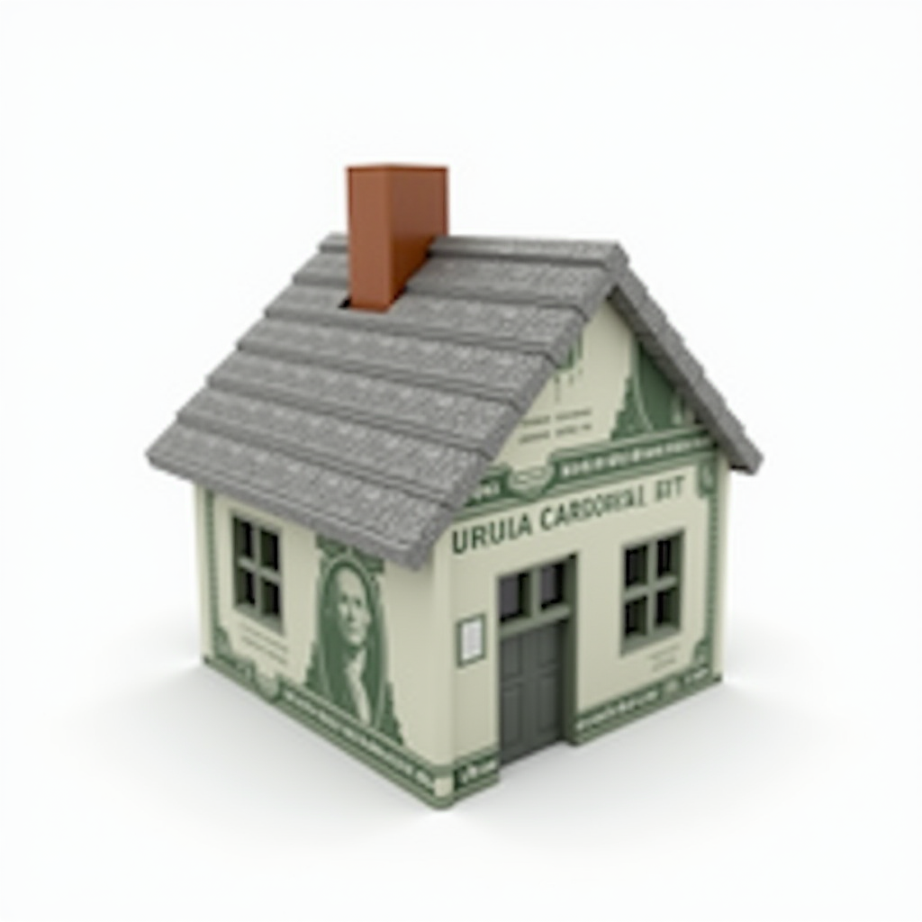 A small house crafted from banknotes, featuring a gray tile roof and a red chimney.