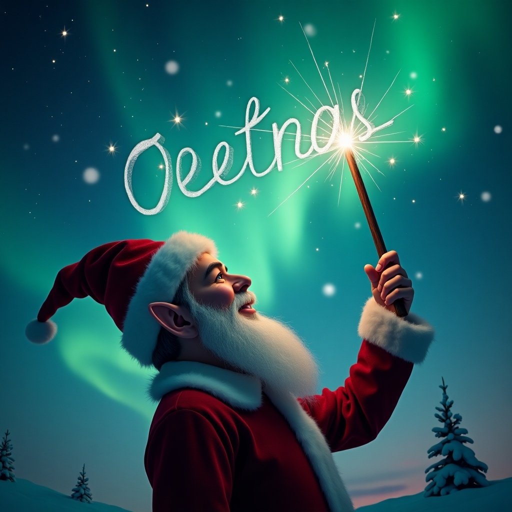 Elf faces magical sky. Using wand to write names in air. Northern lights glow in background. Santa is present. Names include Deegan.