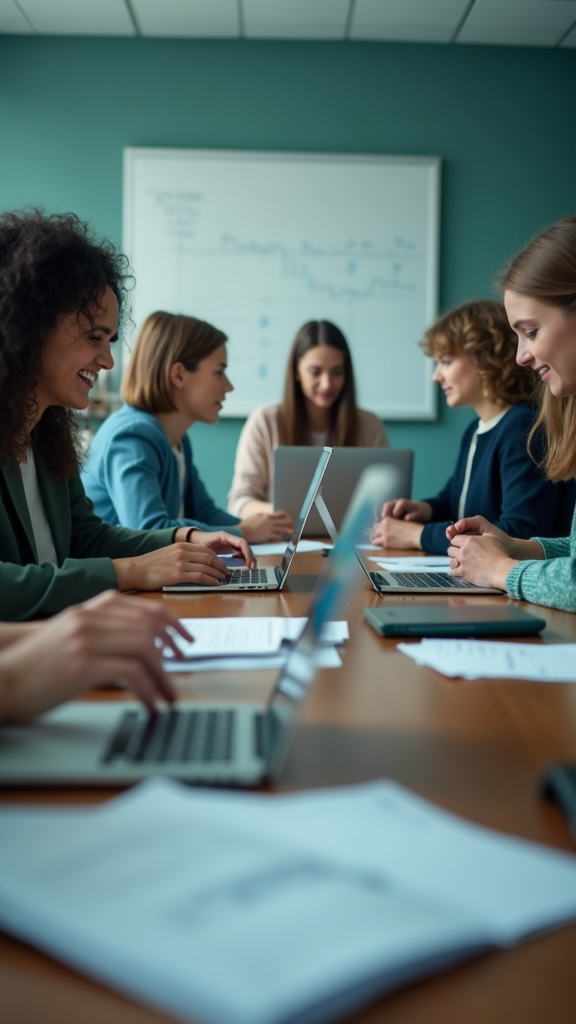 A group of women are sitting around a table, engaged in a work meeting with laptops and documents.