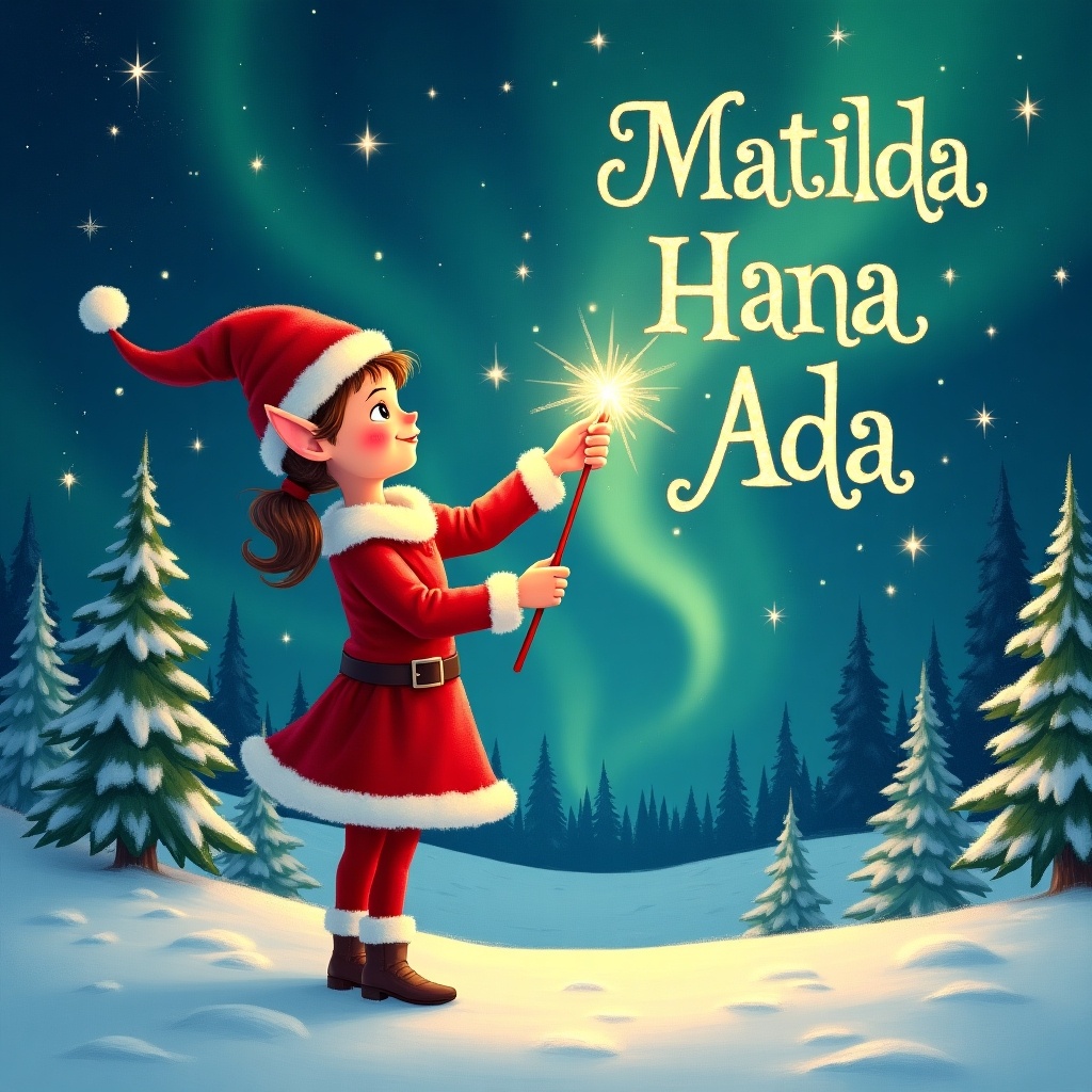 An elf in a red outfit holds a sparkling wand. The elf writes 'Matilda' in the sky. A snowy landscape with evergreen trees is under the Northern Lights. The elf writes 'Hana' and 'Ada' in the sky. Captures childhood magic and Christmas cheer.