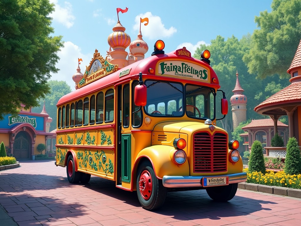 This image features a bright and whimsical bus designed for a fairy-tale theme park. The bus is adorned with colorful patterns and decorations that appeal to children. It is set against a backdrop of enchanted-looking buildings and lush greenery. The scene evokes a sense of fun and adventure for families visiting the park. The design is reminiscent of nostalgic, vintage vehicles that bring joy to all who see them.