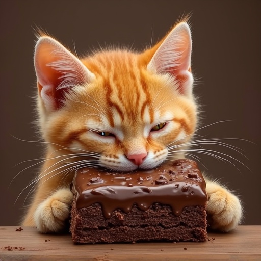 Fluffy orange cat holds chocolate brownie. Cat has chocolate smudges on its mouth. Illustration without background.