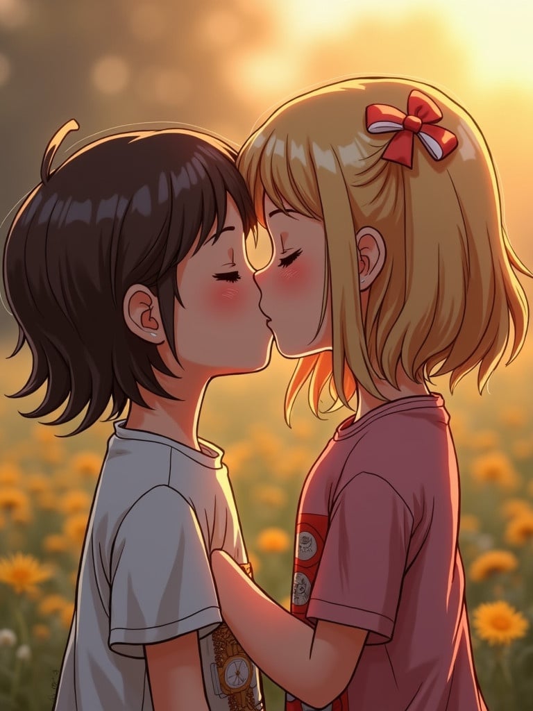 A girl and a boy share a kiss in a sunlit field filled with flowers. The scene is warm and vibrant. Both are depicted with expressive features. The background features blooming flowers and a soft glow of sunset.