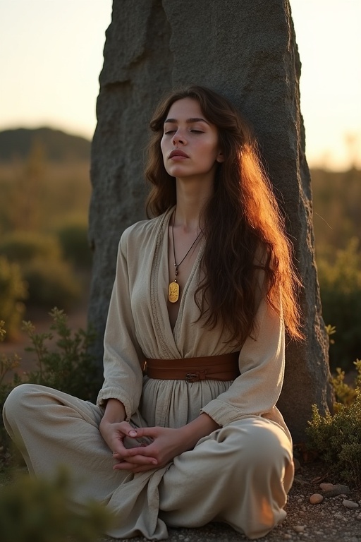 A woman sits cross-legged against a tall menhir. She wears a simple beige robe with a leather belt. A golden medallion hangs from her neck. The scene is calm and warm with evening sunlight. The menhir is made of dark granite. Surrounding shrubs and a stony ground complement the scene.