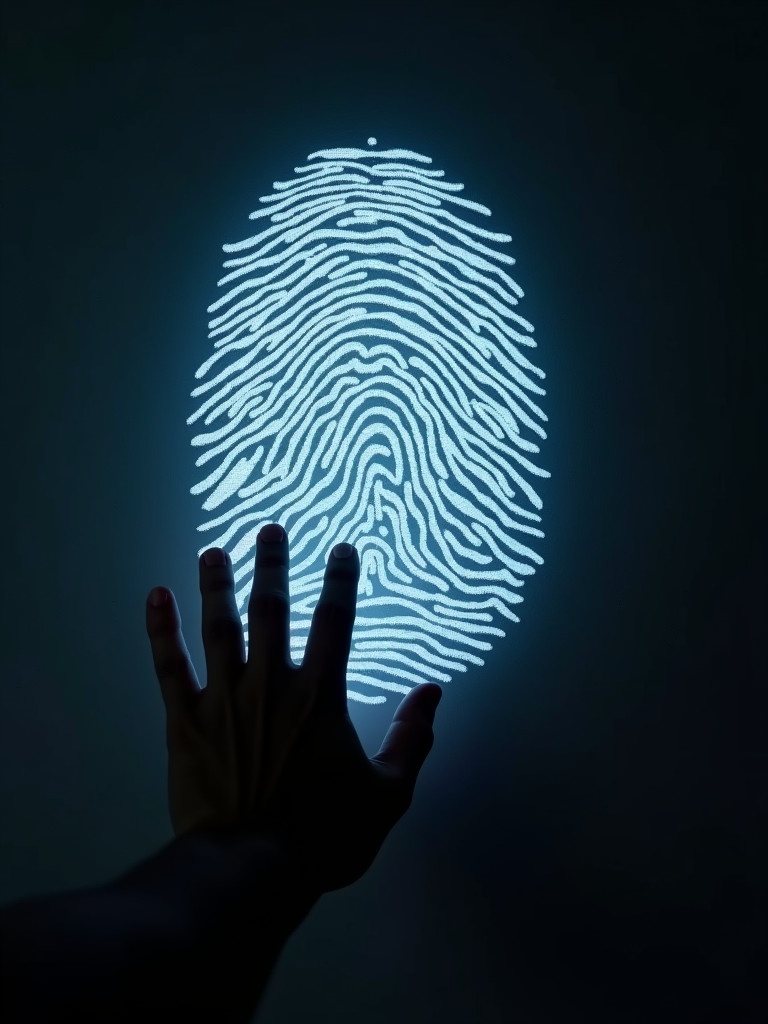 A hand reaches towards a large illuminated fingerprint on a wall.