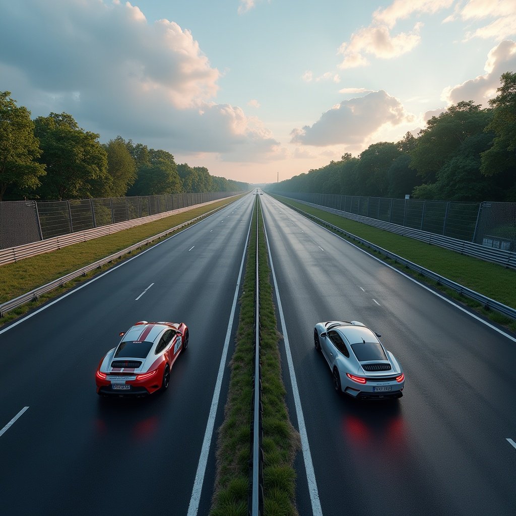 A scenic view of a long highway with two sports cars racing. The landscape features greenery and a clear sky. The road is designed for high-speed racing with two DRS zones. The cars are in dynamic positions suggesting speed and performance.