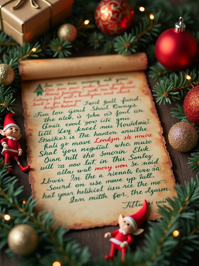 Santa's special letter written in green and red crayon. Magical essence emphasized. Includes elf characters and holiday decorations with a scroll containing a Christmas message.