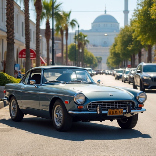 Classic car parked in city street with palm trees and modern buildings.