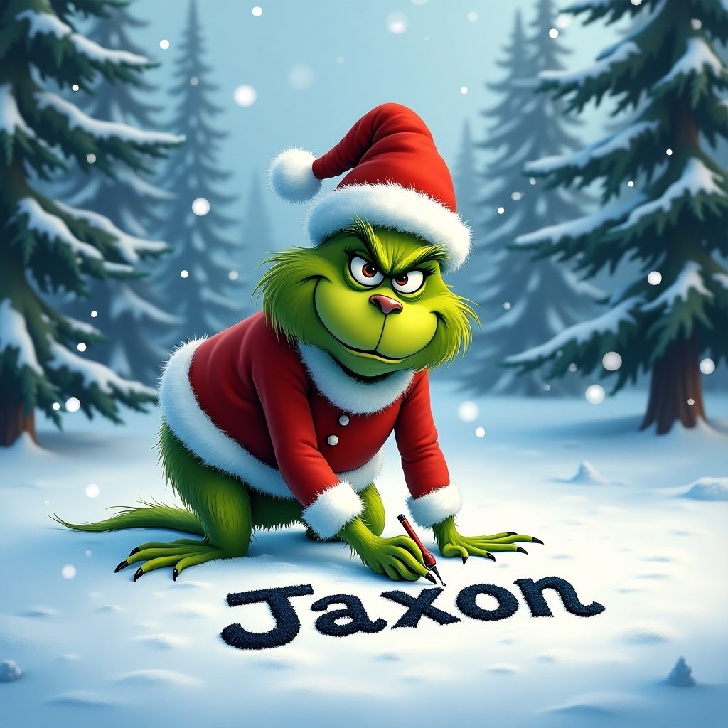 Grinch in Santa suit writes name Jaxon in fresh snow. Snow gently falls. Surrounded by tall snow-covered trees. Grinch has a cheerful expression. Captures holiday charm and magic.