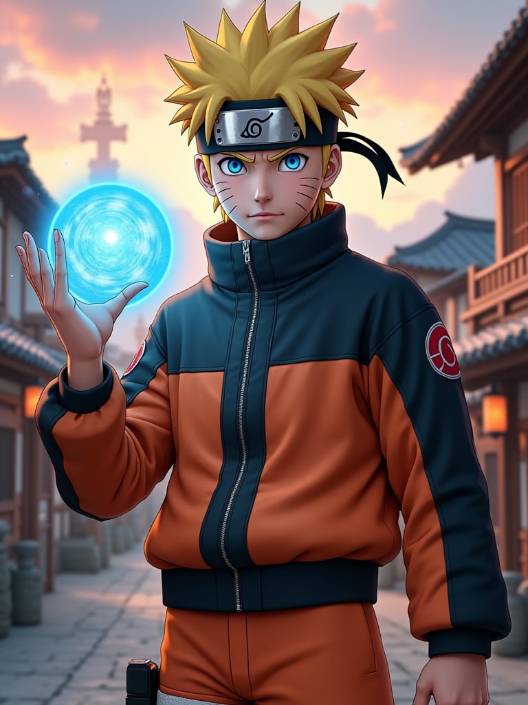 Hyper-realistic young man wearing Naruto's outfit. Thick soft blonde hair is slightly wind-blown. Smooth healthy skin with slight imperfections. Piercing cerulean blue eyes full of determination. Detailed jacket resembling Naruto’s costume with functional elements. Working zippers and pockets. Slight wear and dirt on the jacket. Polished metal headband with battle marks. Navy-blue cloth tied on forehead. Durable pants fitting snugly with protective reinforcements. Athletic body with muscle definition. Right hand raised forming a glowing blue energy sphere. Background is a detailed village scene at dusk with traditional houses and cherry blossoms. Hokage mountain with stone faces is visible in the distance.