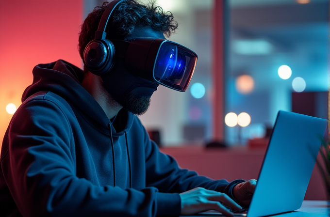 A person wearing a VR headset and headphones is focused on working on a laptop in a dimly lit room with colorful ambient lighting.