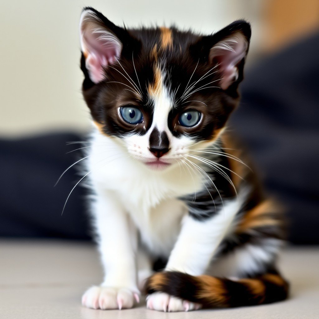 A calico kitten with striking blue eyes sits attentively, showcasing a blend of black, orange, and white fur.