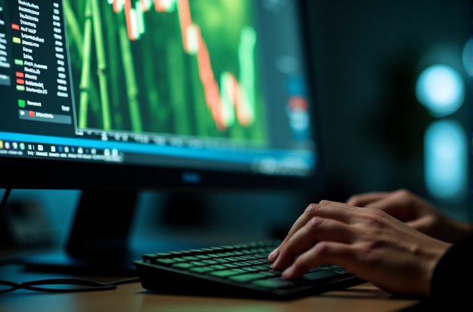 Hands typing on a keyboard with a computer screen displaying financial graphs.