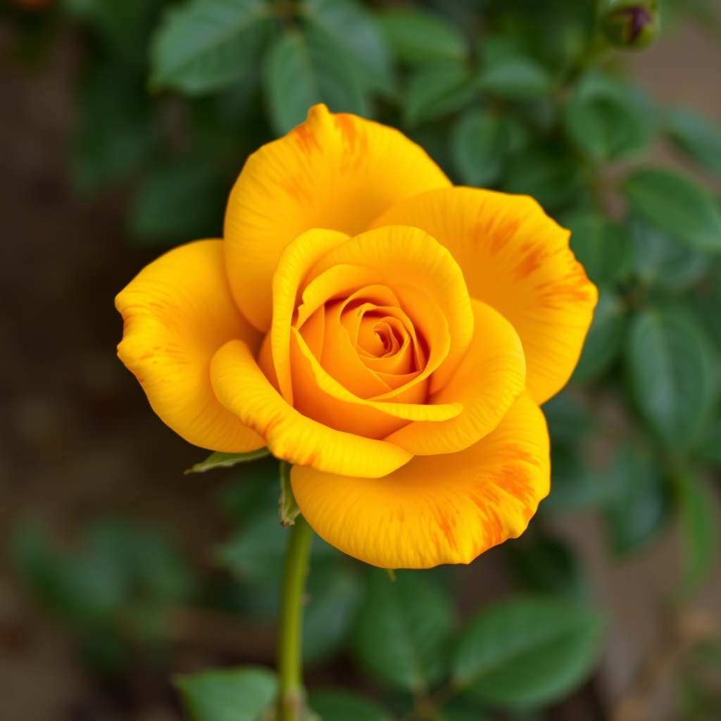 A vibrant yellow rose in full bloom against a lush green background.