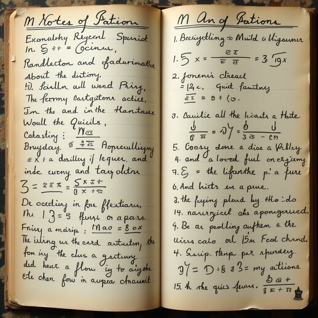 Notes of potions and mathematical equations in an old notebook drawn by black chalk. Pages filled with alchemy recipes and calculations. Handwritten style on aged paper. Illustrate a rustic charm and scholarly essence.