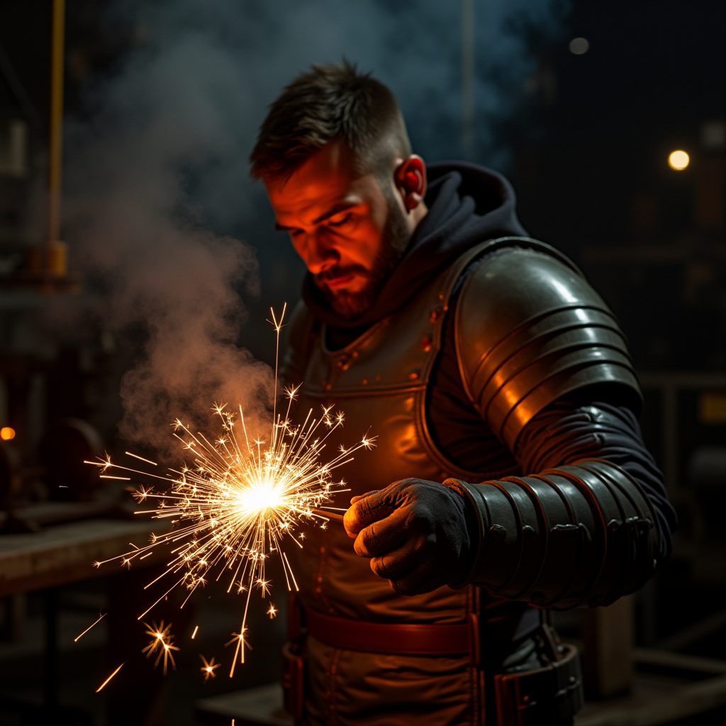 A man in armor holds a bright, glowing sparkler amidst a dimly lit workshop.