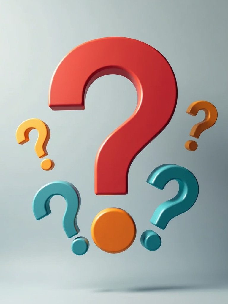 Multiple vibrant question marks in different colors float in air against grey background. The design is modern and eye-catching.