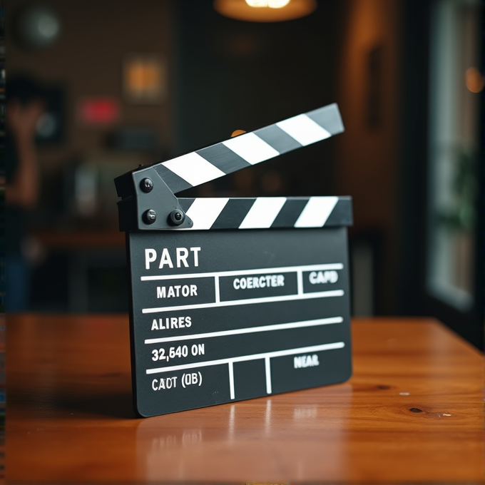 A clapperboard sits on a wooden table in a dimly lit room.