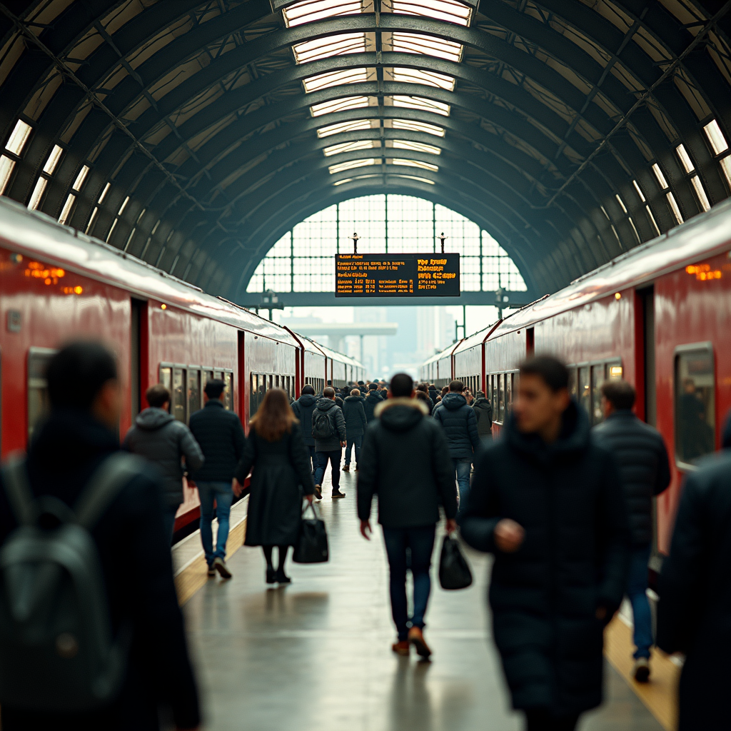 People in winter coats walking between red trains in a busy, arched train station.