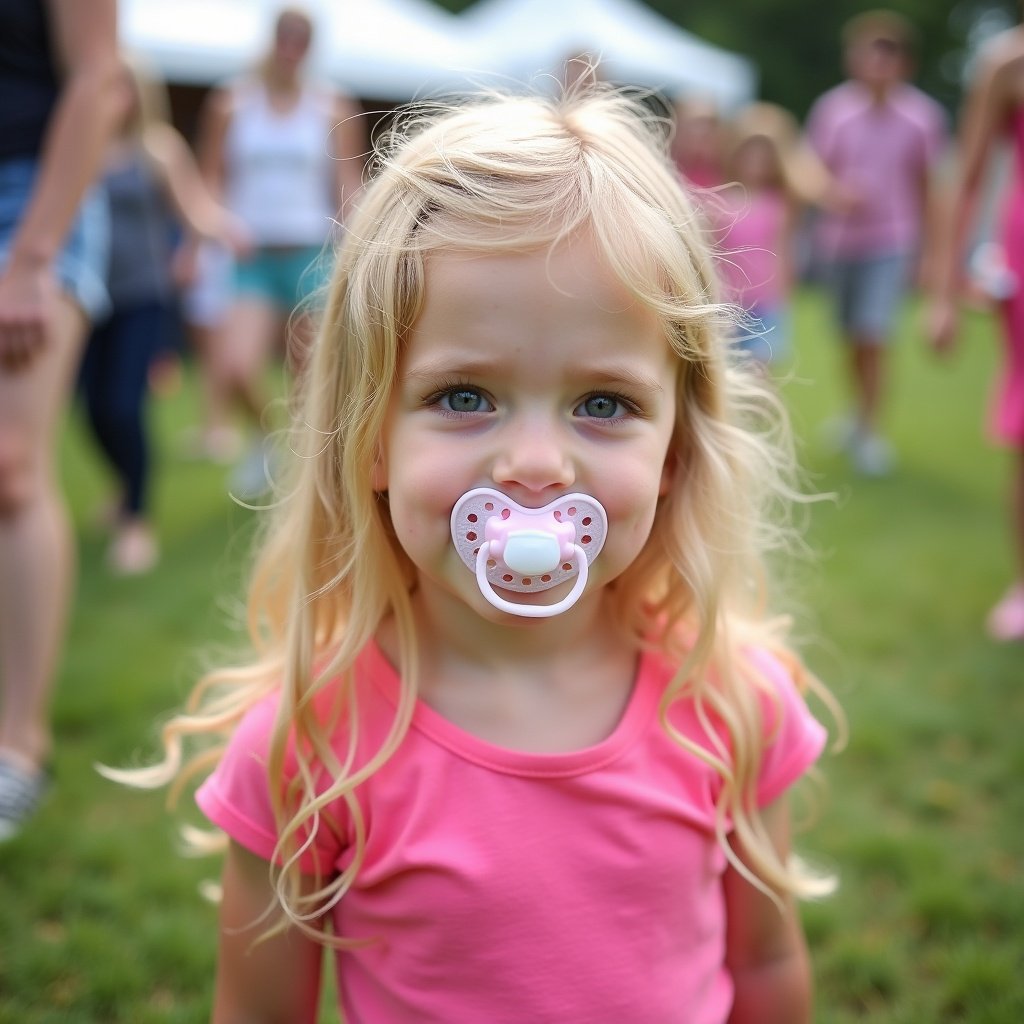 An 8-year-old girl with long blonde hair is at an outdoor party. She wears a pink shirt and diapers. A pacifier is in her mouth. She looks directly at the camera.