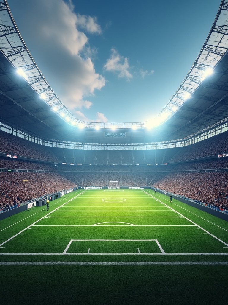 Wide view of a football field from end zone to end zone with bright stadium lights. The field is lush green with goal posts visible at each end. Crowds fill the stands in the background. A clear blue sky with some clouds overhead.