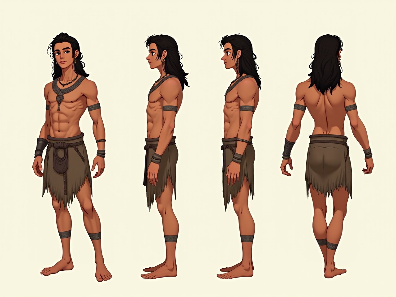 The image depicts an animated male character designed for a fantasy setting. He has long, dark hair and a muscular build, wearing minimal clothing made from natural materials. His design includes various accessories, such as a necklace and arm bands. The character is shown in multiple views to showcase his physique and outfit. The earthy color palette emphasizes a connection to nature. Overall, the character exudes strength and agility, suitable for an adventurous role.