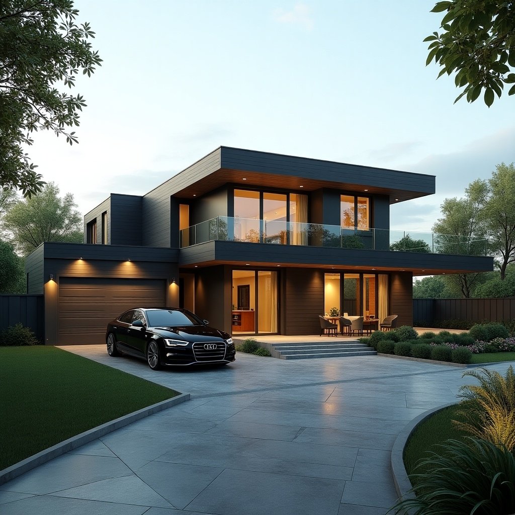 Modern residential bungalow featured in a landscaped setting with a parked car.