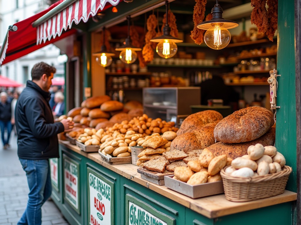 This image showcases a lively market stall filled with an array of breads and baked goods. The warm lighting highlights the textures and colors of the different loaves. A customer examines the fresh options at the counter, which includes artisan breads and a variety of pastries. The green stall contrasts beautifully with the earthy tones of the bread. Surrounding the stall are blurred hints of other market activities, enhancing the communal feel of the scene.