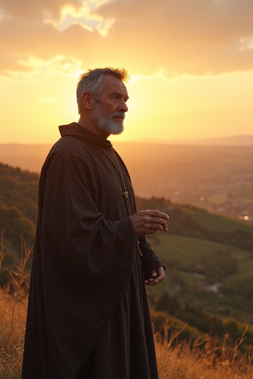 An old ascetic priest stands on a hill wearing a natural-colored ceremonial robe. The priest is in southern France at sunset. The scene shows the priest appearing wise and stern.