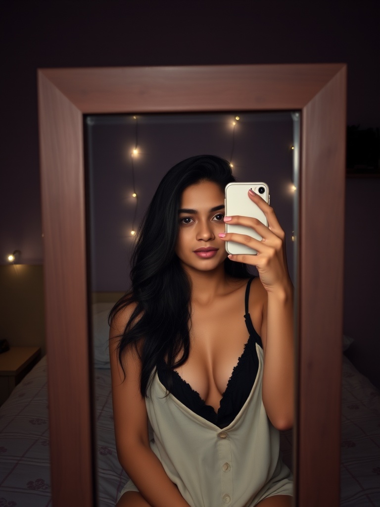 A woman in a low-lit room takes a mirror selfie, capturing a soft, intimate ambiance.