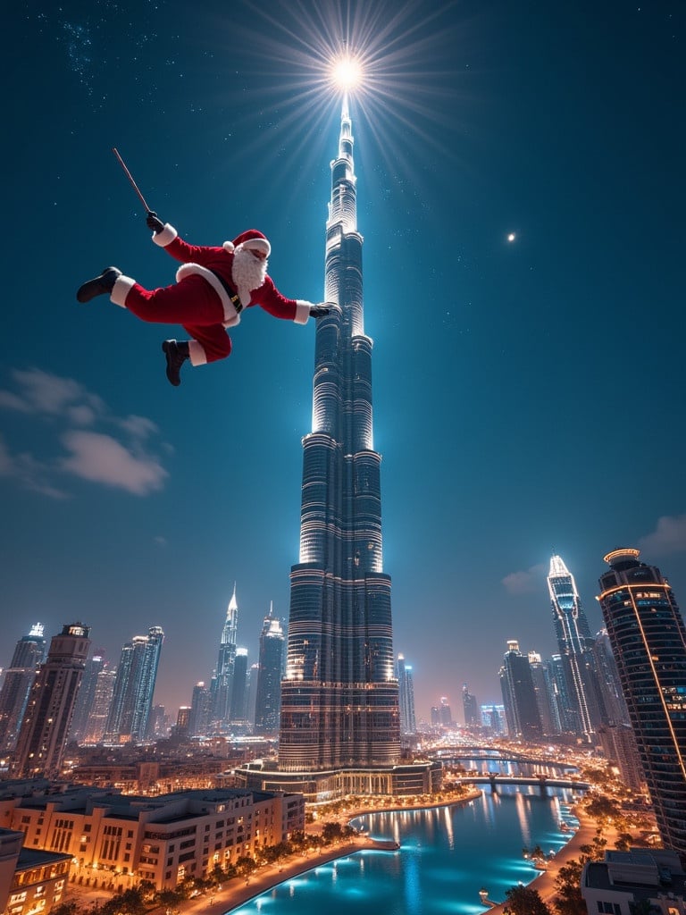 Cinematic aerial image with Santa Claus flying around Burj Khalifa. Santa adds a star on the top of the tallest building in Dubai.