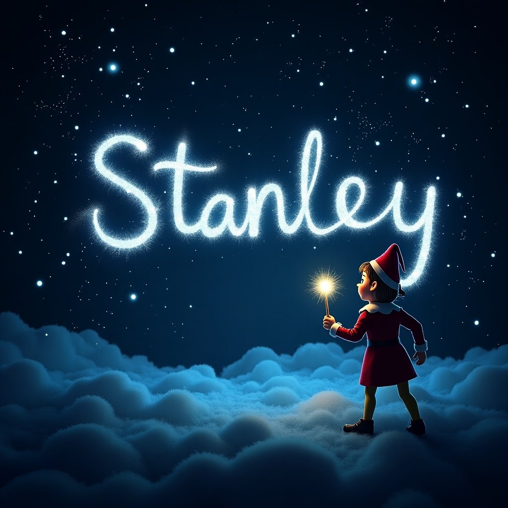 An elf uses a magical wand to write the name 'Stanley' in sparkling text against a dark starry night sky. Scene evokes magic and wonder with a whimsical fairy tale feel. The background enhances the glowing effect of the text.