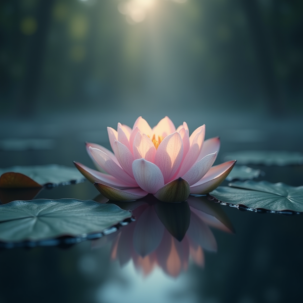 A delicate, pink lotus flower gracefully floats on a serene water surface, surrounded by large green lily pads, bathed in the soft, mystical glow of early morning light.