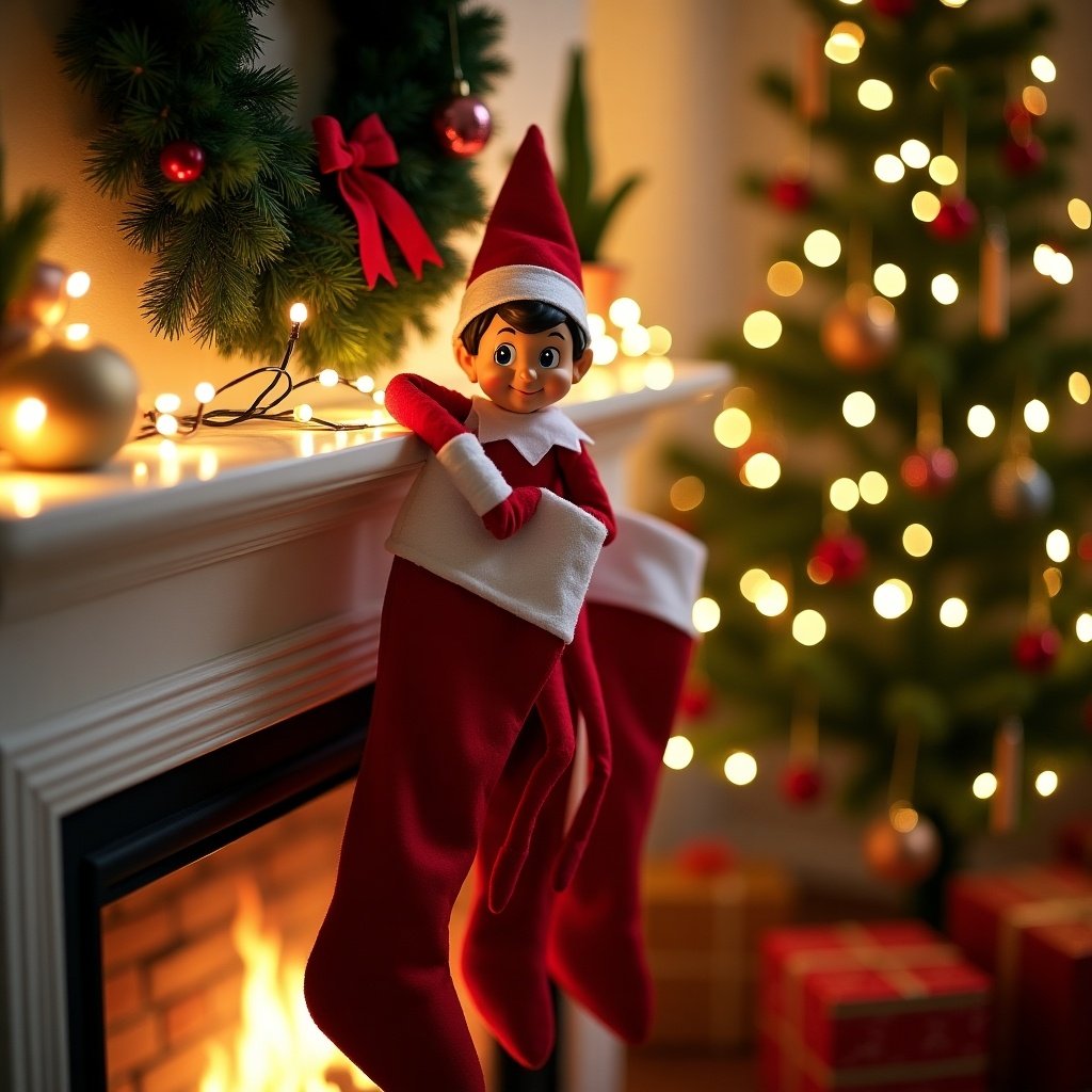 Elf on the shelf displayed with stockings by the fireplace. Christmas tree with lights in the background. Cozy holiday atmosphere.