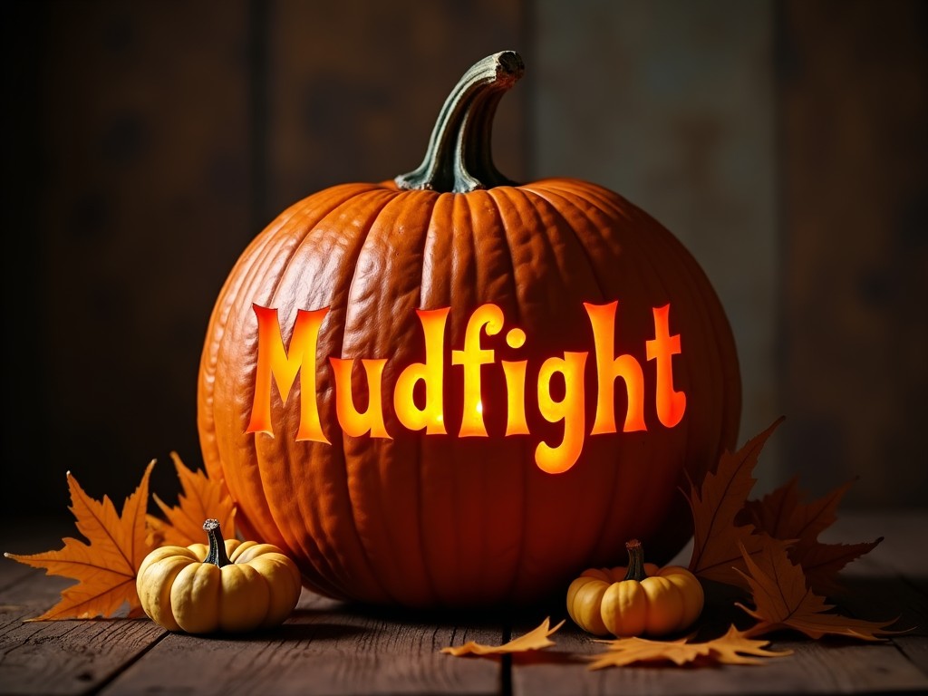 A beautifully carved pumpkin features the word 'Mudfight' illuminated in a warm glow. Surrounding the pumpkin are vibrant autumn leaves, enhancing the seasonal feel. Smaller pumpkins accompany the main pumpkin, adding to the festive decor. The background has a rustic wooden texture, creating a cozy atmosphere. This image captures the spirit of Halloween and fall celebrations in a creative way.