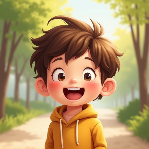 A cute boy poses outdoors. He has short brown tousled hair and wears a yellow hoodie. Background shows a pathway with trees. Bright and cheerful setting.