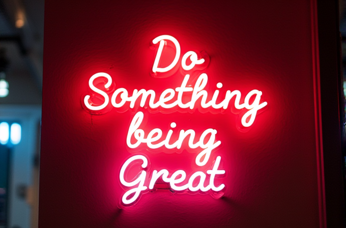 A glowing neon sign with the phrase 'Do Something Being Great' in pink light.