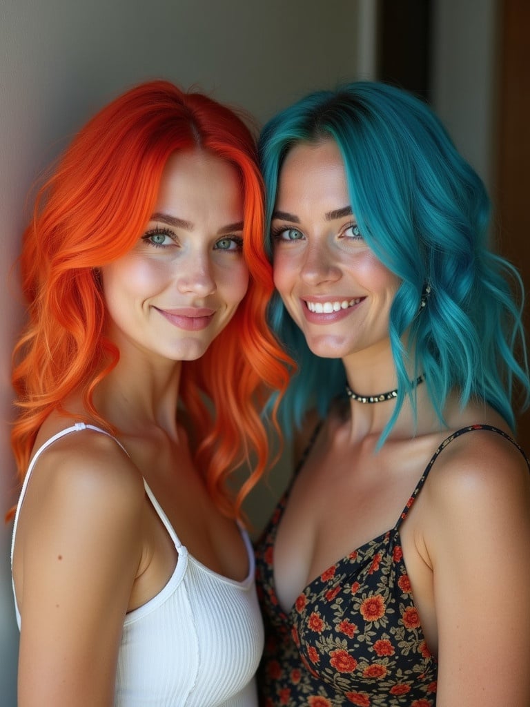 Two people with brightly colored hair. One person has vibrant orange hair. The other person has cool turquoise hair. They are standing close together. A soft background with neutral tones enhances their appearance.