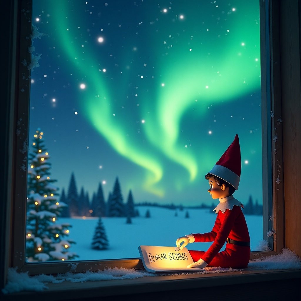 The image features an elf from the Elf on the Shelf series sitting by a window. The elf is wearing a classic red outfit with a white collar and is intently writing a message. Outside, the sky is illuminated by the stunning northern lights, casting a magical glow. In the foreground, snow-covered trees are visible, enhancing the winter atmosphere. The elf is holding a sign that reads 'See You Soon Reagan,' adding a personal touch. The scene captures the essence of holiday excitement and childlike wonder.