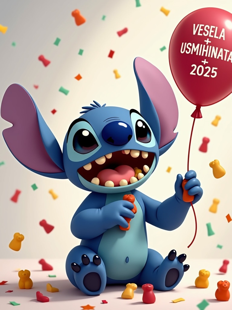 A blue alien character sits happily. The character has big ears and a joyful expression. His mouth is full of gummy bears. Gummy bears and confetti fly in the air. He holds a balloon with a message 'Wish you VESELA + USMIHNATA 2025!' in one hand and throws more gummy bears with the other.