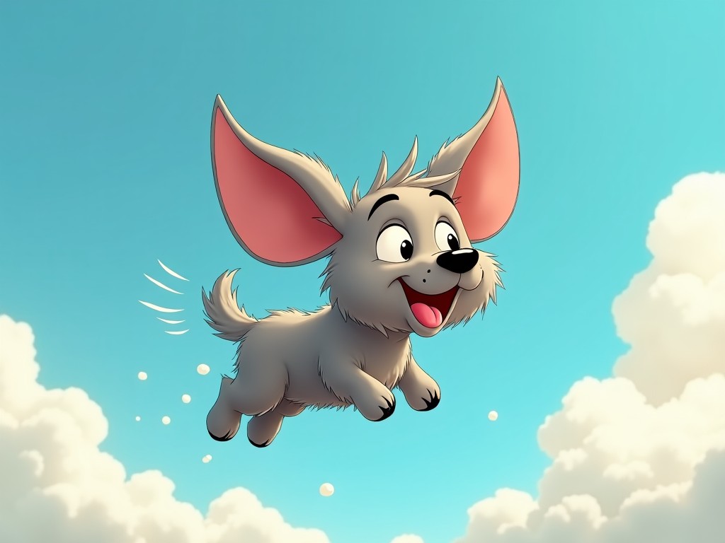 A cartoon illustration of a cute, playful dog with oversized ears joyfully flying through a clear blue sky with fluffy white clouds.