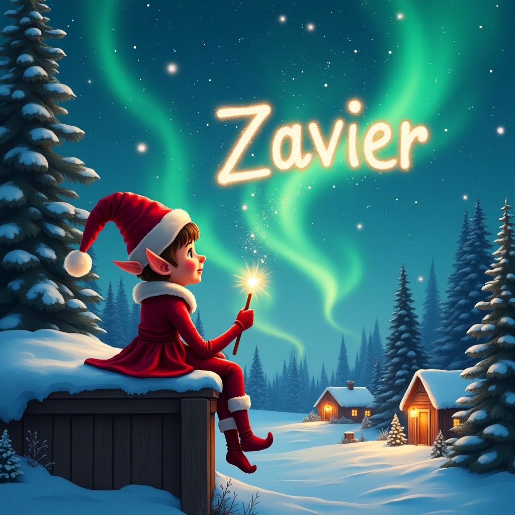 An elf sits on a wooden ledge, with its back to the camera, gazing at a magical sky. Clad in a vibrant red outfit and a pointed hat, the elf holds a sparkling wand. With this wand, the elf writes 'Zavier' in the starry sky. The surroundings feature a snowy landscape with charming cottages and towering evergreen trees, all aglow under the shimmering Northern Lights. This whimsical scene perfectly captures the essence of childhood magic and Christmas cheer. Adds the name 'Maddox' in the same lovely sky, further enhancing the enchanting atmosphere.