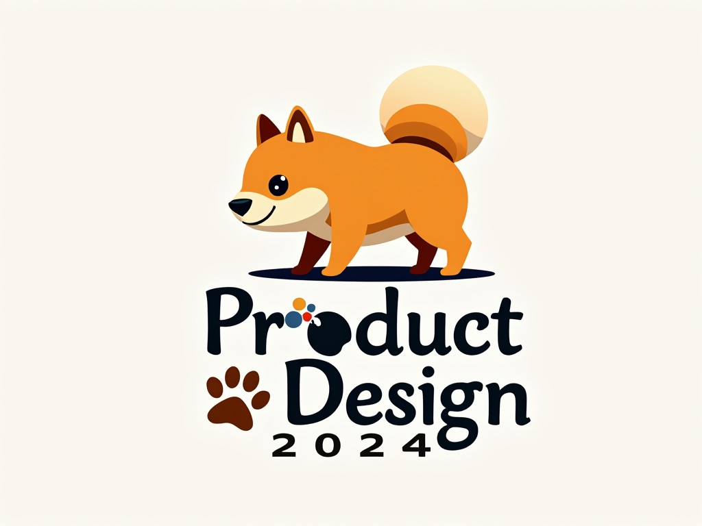 The image features a cute cartoon dog standing beside the text 'Product Design 2024'. The dog is orange with a bushy tail and ears, giving it an inviting look. The text is styled in a modern font that emphasizes creativity. There are playful elements like paw prints integrated into the design. The color palette is bright and cheerful, suitable for a young audience.