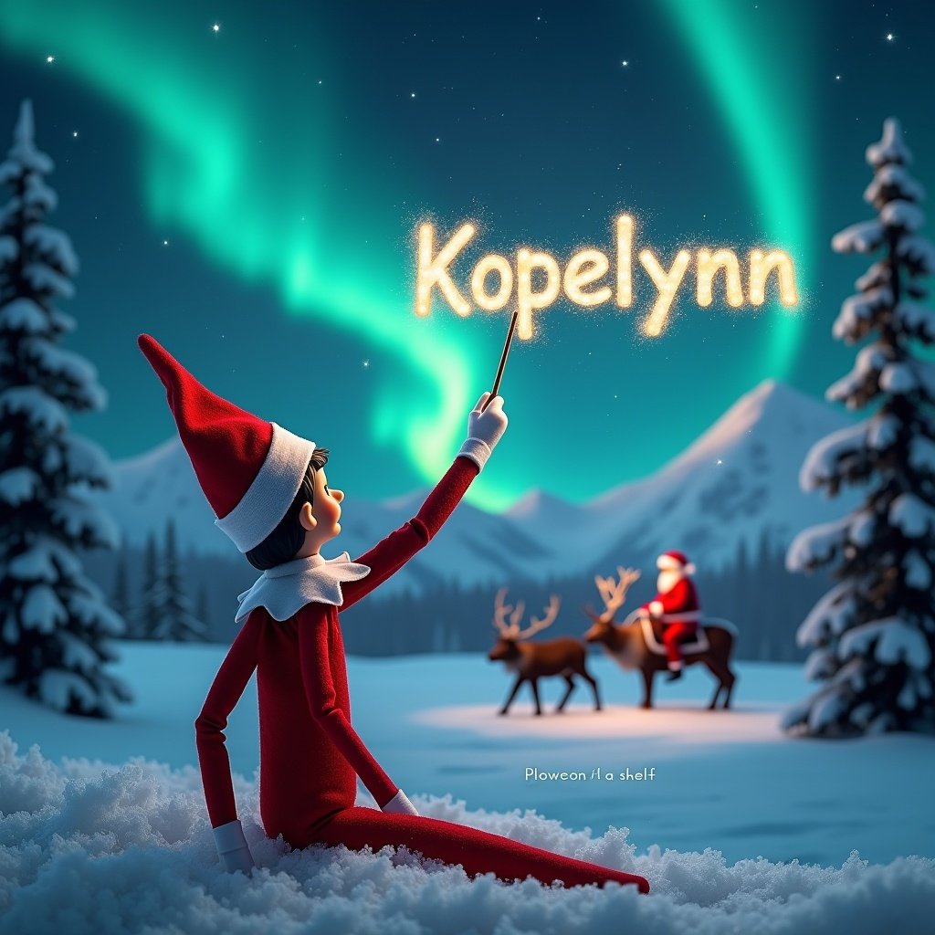 Elf on the Shelf gazes at sky. Wand spells Kopelynn in sparkles. Vibrant northern lights illuminate winter landscape. Santa rides reindeer in background. Scene features snow-covered trees and mountains.