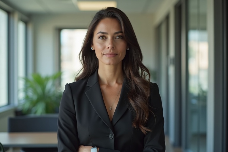 Professional woman standing in an office corridor. She wears a black jacket and has long hair. The office has large windows and plants.