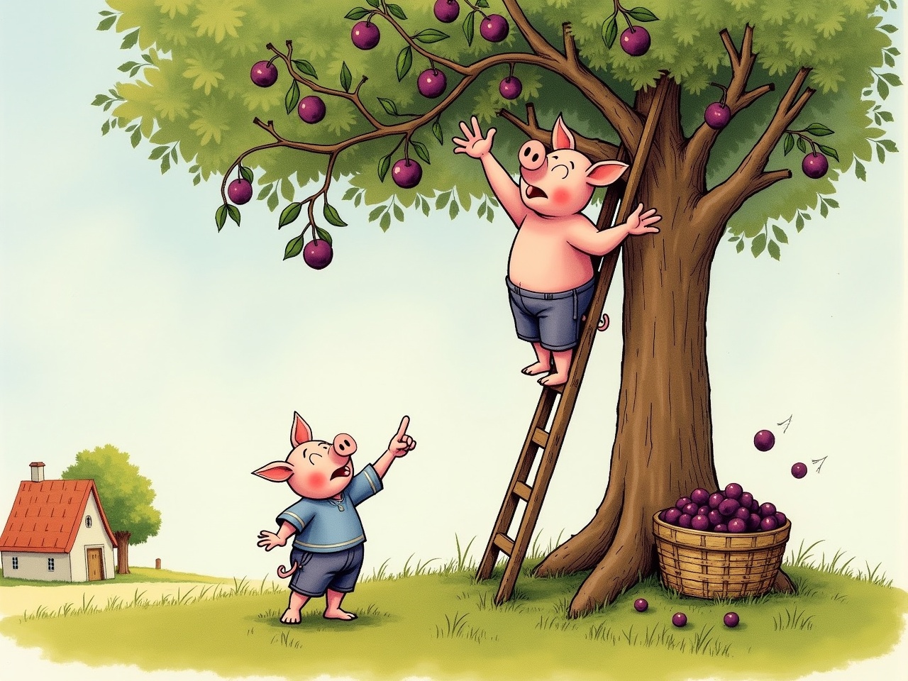 Father Pig is standing on a ladder trying to pick plums from a tree. He looks a bit desperate, reaching high to grab the fruits. Below him, a little piggy is pointing, directing him where to reach. Under the tree, there's a basket filled with plums. In the background, a small house can be seen, adding to the peaceful rural setting. The scene is bright and fun, perfect for children's stories.