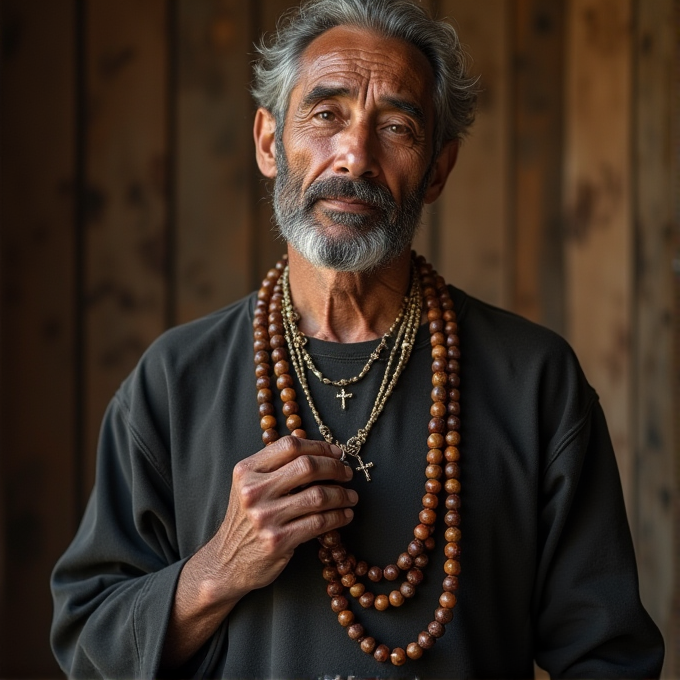 An elderly man with a gentle expression wears multiple bead necklaces and holds a cross pendant.