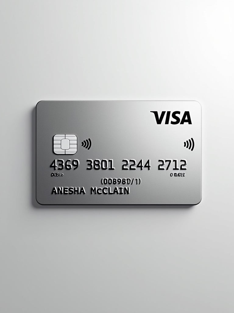 Realistic image of Visa credit card. Card number is 4269 3801 2244 2712. Name Anesha McClain under Visa logo. Expiration date is 08/27. Clean silver background. Bold black font for text.