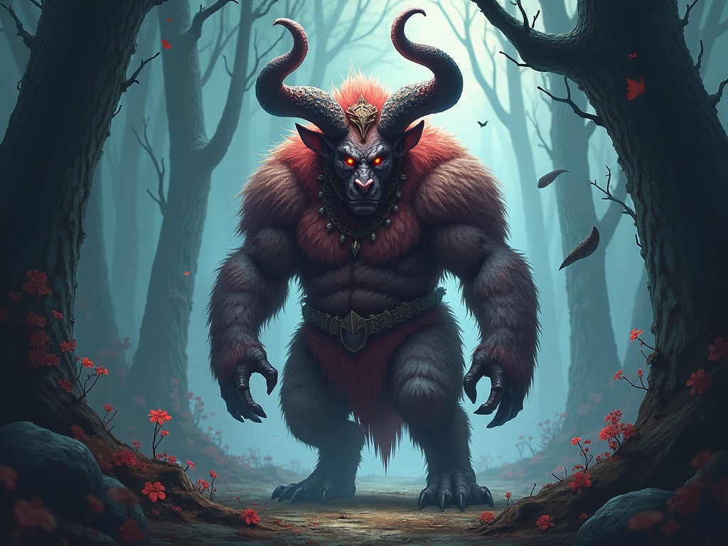 This image depicts a large, muscular creature with dark fur and prominent horns standing in a forest setting. The creature has glowing eyes and wears a decorative belt. The surrounding forest features gray trees and hints of red flowers on the ground. The atmosphere is moody, creating a sense of mystery. The lighting is soft, illuminating the creature against the darker background.